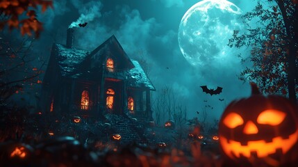 Spooky haunted house with glowing pumpkins under a full moon.