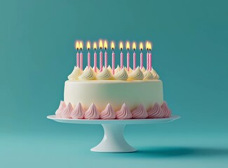 Happy birthday cake with candles on a blue background, with a pink and white color scheme, front view, with copy space for text