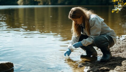 female biologist collects water samples from lake for environmental testing and quality analysis