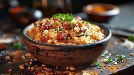 Wall Mural - A bowl of scrumptious looking Ethiopian dish, including ingredients like rice and beef,