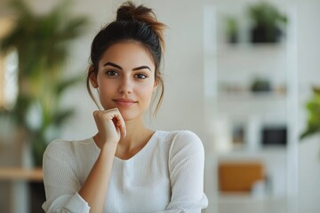 Confident female entrepreneur thoughtfully gazing in a modern, bright home office environment