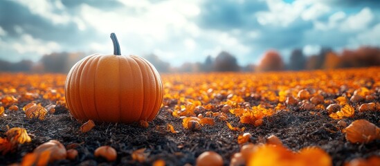 Canvas Print - Single Pumpkin in a Field of Fall Foliage