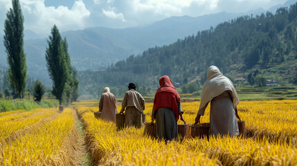 Farmers harvesting crops in golden rice field with baskets