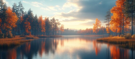 Sticker - Autumnal Reflections in a Tranquil Forest Lake