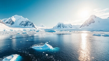 Antarctic landscape featuring towering blue icebergs amidst a pristine, icy wilderness, capturing the serene beauty and raw nature of one of Earth's last frontiers