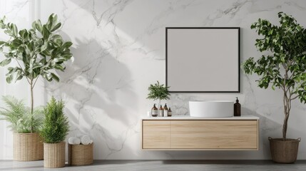 Wall Mural - Minimalist Bathroom with Plants, Sink, and Framed Mirror