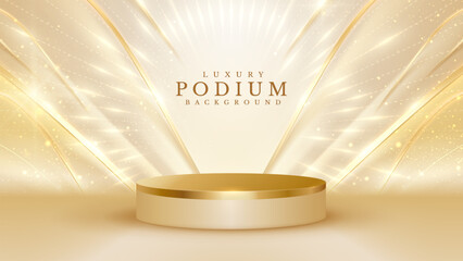 Wall Mural - luxury gold podium for show products with ribbons decorations and glitter light effects and bokeh.