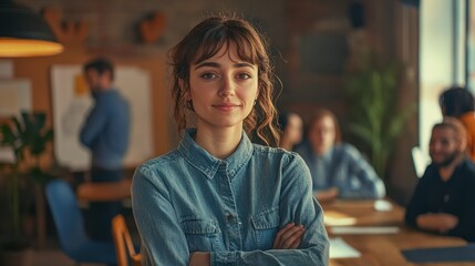 Creative, portrait and confident woman at work for startup company or agency, plan and designer for advertising business, Female person, arms crossed and employees, proud and together for teamwork