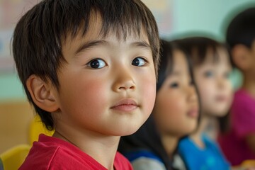 Children from various cultures learning together in a multicultural classroom, engaged in group activities and sharing