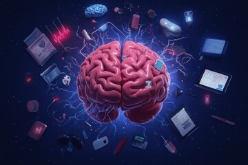 Poster - An illustration of a brain overwhelmed by digital inputs, depicting fatigue, sleepiness, and information overload syndrome. 