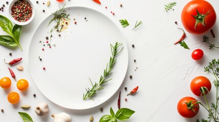 Flat lay fresh vegetables, herbs and spices with a empty white plate on white background. Text space images. 