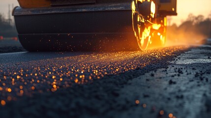 Dynamic sunset scene of road construction with heavy machinery paving asphalt and textured detail