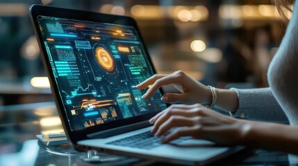 Person Using Laptop with Futuristic Interface
