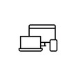 © InvisionFrameStudio - Device compatibility icon. A simple line art icon depicting a laptop, desktop monitor, and smartphone. Perfect for use in technology blogs, software applications, digital content. Vector illustration