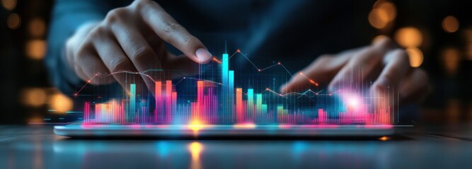 Poster - Hand Interacting with a Tablet Displaying Financial Charts and Graphs