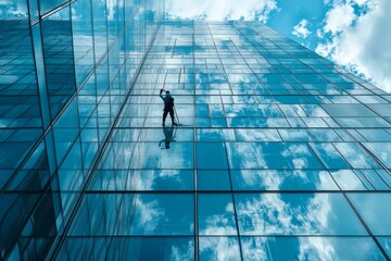 Worker meticulously washing windows on a towering office building skyscraper for pristine views