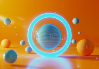 Wall Mural - a bunch of balls and planets are floating around a glowing ring. ai.