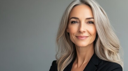 Happy smiling adult age 50 years old female manager portrait looking at camera. Closeup headshot of sophisticated business woman isolated on grey background advertising products and, Generative AI.