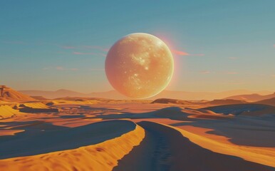 Wall Mural - a large moon is seen in the distance over a desert. ai.