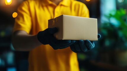 Courier in yellow shirt and black gloves delivering a cardboard package, emphasizing safe and reliable shipping service.