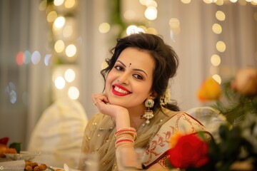 A beautiful woman in an elegant saree, sitting at the dining table with her hand on one chin and smiling softly as she looks towards the camera