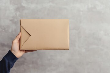 Person holding a brown envelope package against a neutral gray background, ready for delivery or shipping purposes.