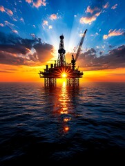 A stunning sunset over an oil rig, with cranes silhouetted against a colorful sky reflecting on the calm ocean waters.