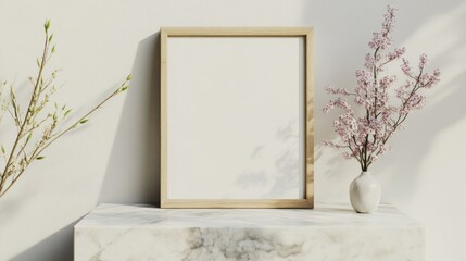 Wall Mural - Empty Picture Frame with Flower Arrangement on Marble Shelf