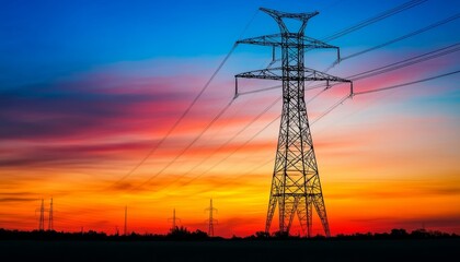 Silhouette of a high voltage electric tower against a stunning sunset background for cover design