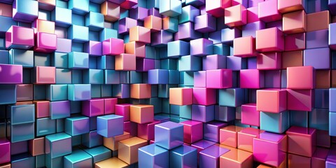 Poster - Abstract Shiny Cube Wall, 3D Rendering, Colorful, Geometry, Pattern