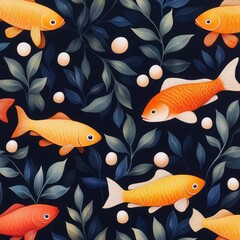 Goldfish and Floral Pattern on a Dark Blue Background