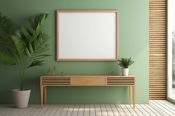 Poster - Modern interior with a console table and a blank poster frame on the wall, a green color scheme, plant decor, wooden shutters. Generative ai