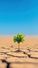 A resilient green tree sprouting from cracked earth, symbolizing hope and perseverance in a drought-stricken landscape.