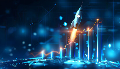 Sticker - Abstract futuristic blue background with glowing arrows pointing upwards and a rocket taking off. Vector illustration symbolizing stock market growth or business success.