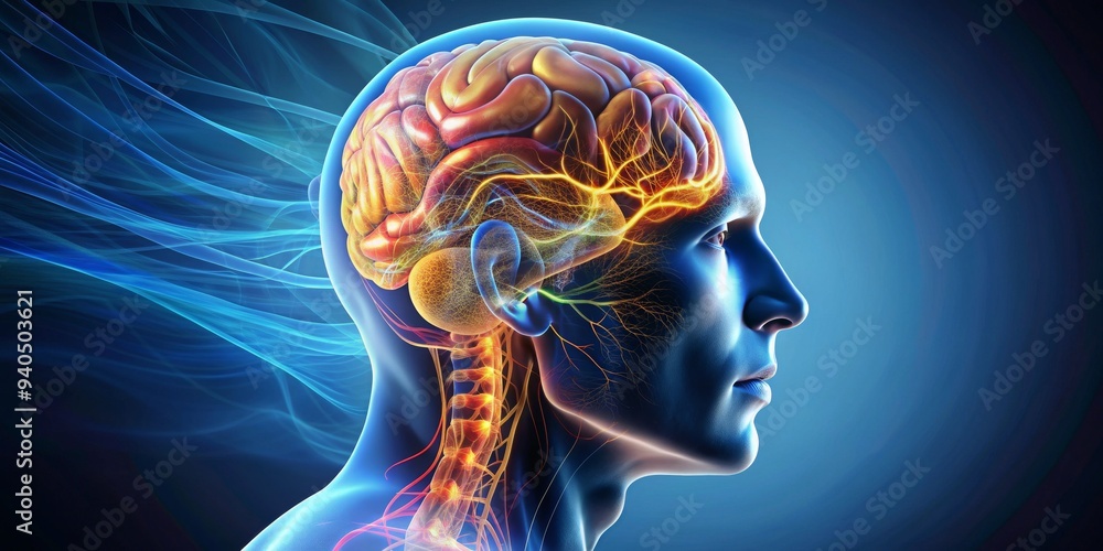 Digital Illustration of Human Brain and Spinal Cord with Abstract Blue ...