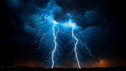 A dramatic lightning storm illuminates the night sky with bright flashes, showcasing nature's raw power and beauty.