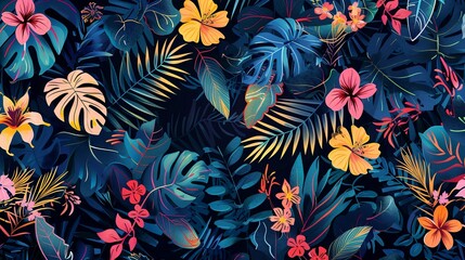 Wall Mural - Modern seamless pattern showcasing an exotic floral jungle design