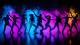 Dynamic group dance performance with diverse dancers against a colorful smoky backdrop.