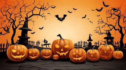 Orange halloween background with pumpkins