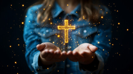 woman's hand reaches out toward a blurred, glowing Christian cross radiating light. The cross symbolizes faith, hope, and divine guidance in a mystical, ethereal setting that evokes spiritual reflecti