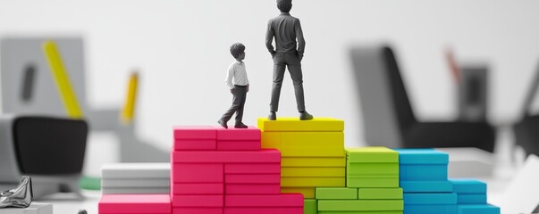 two miniature figures stand on colorful blocks, symbolizing career growth.