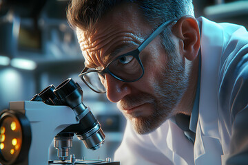 Focused scientist looking through a microscope in a laboratory.