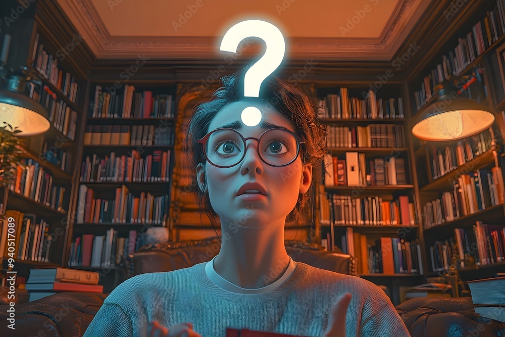 Question Mark Library Curious Individual Searching for Answers with Question Mark Floating ...