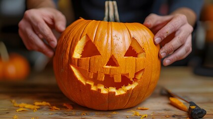 A person carving a classic Halloween pumpkin with a cheerful face.