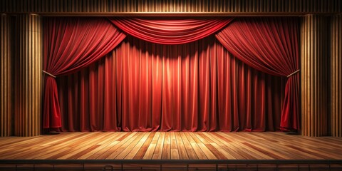 Red Velvet Curtains on a Wooden Stage, Stage, Theater, Curtains