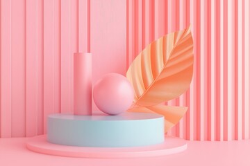 Wall Mural - Stylish Pastel Colored Still Life Composition with Geometric Shapes and Leaf