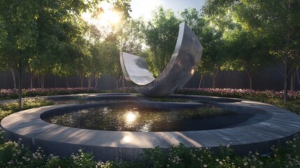 Wall Mural - Modern Garden with Abstract Sculpture and Reflecting Pool