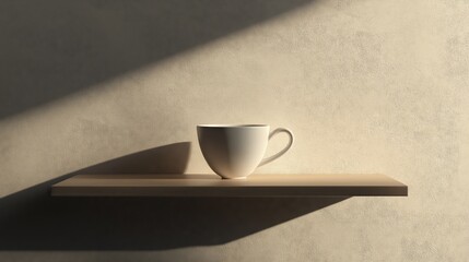 Poster - White Cup on a Wooden Shelf Bathed in Soft Morning Light.

