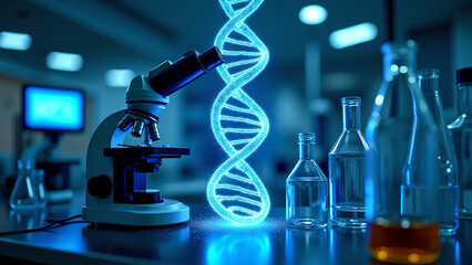 Wall Mural - High-tech laboratory with a glowing DNA helix emerging from a microscope The scene is filled with scientific equipment and glassware highlighting advanced genetic research and innovation