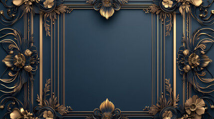 Wall Mural - Elegant Gold and Blue Floral Frame - Perfect for Invitations and Branding